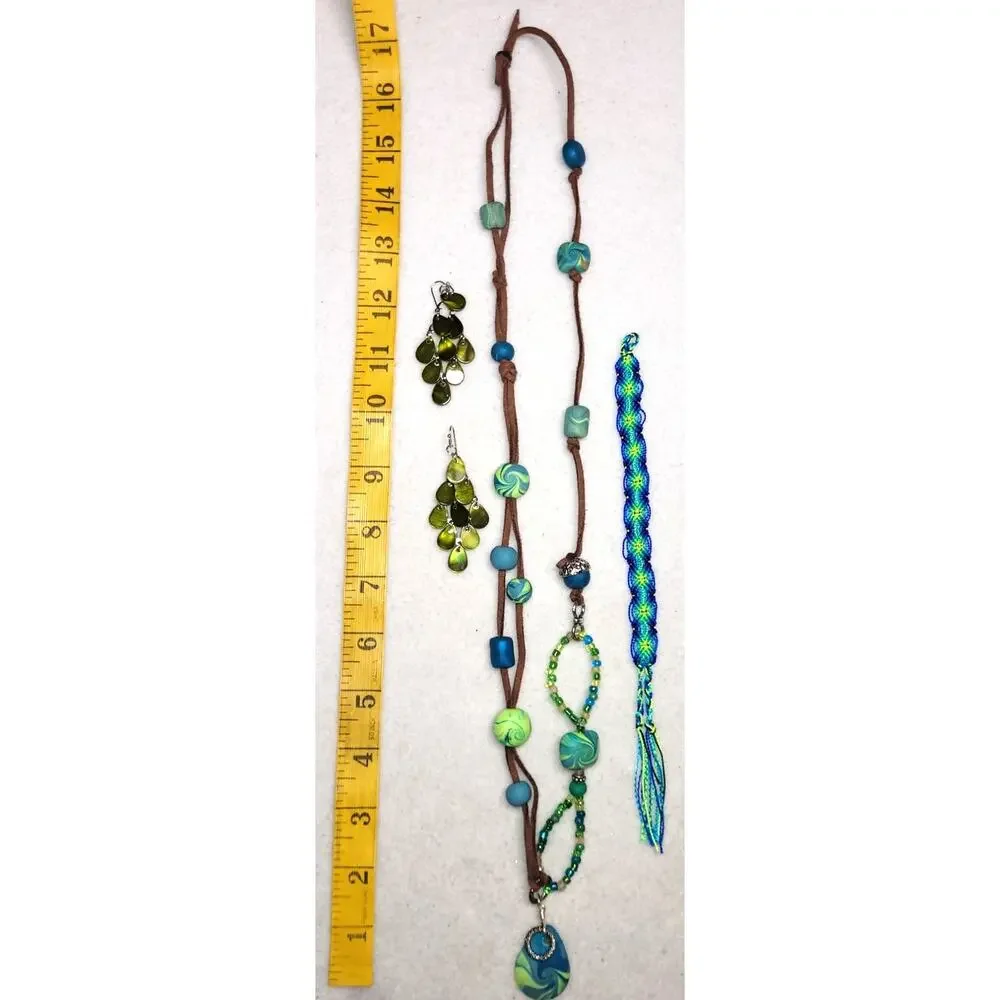 Boho Polymer Clay Green Blue Statement Necklace Earrings Bracelet Set Lot